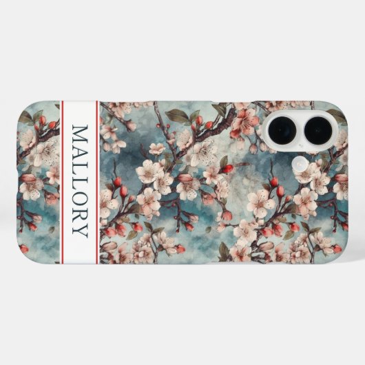 Cherry Blossoms Teal Sakura Print Monogrammed Case-Mate iPhoneケース (裏面 (横))