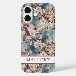 Cherry Blossoms Teal Sakura Print Monogrammed iPhone 16ケース