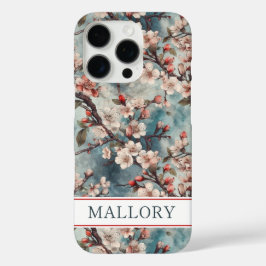 Cherry Blossoms Teal Sakura Print Monogrammed iPhone 16 Proケース