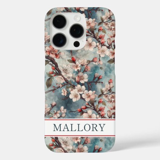 Cherry Blossoms Teal Sakura Print Monogrammed Case-Mate iPhoneケース (裏面)