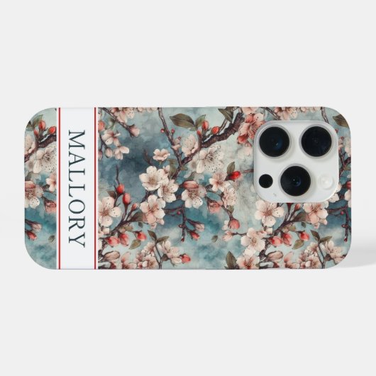 Cherry Blossoms Teal Sakura Print Monogrammed iPhoneケース (裏面横)