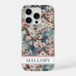 Cherry Blossoms Teal Sakura Print Monogrammed iPhone 15 Proケース