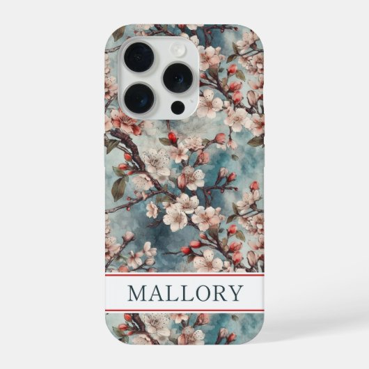 Cherry Blossoms Teal Sakura Print Monogrammed iPhoneケース (裏面)