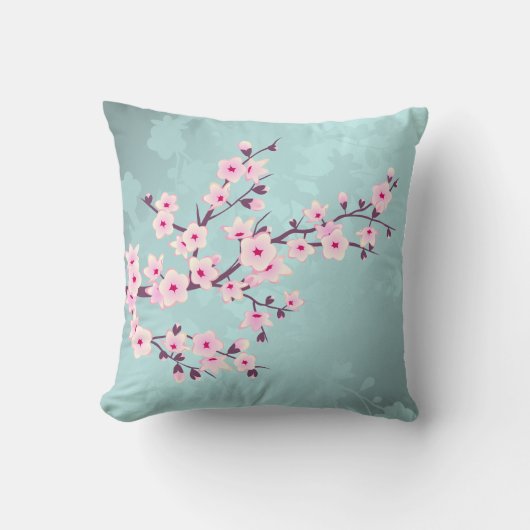 Cherry Blossoms Turquoise Monogram クッション (正面)