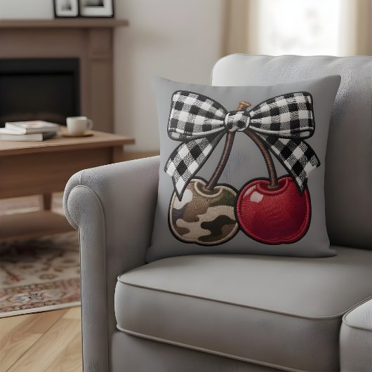 Cherry Bomb Camo & Plaid Faux-Embroidery クッション