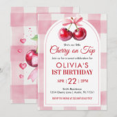 Cherry Bow Birthday Cherry On Top 招待状 (正面/裏面)