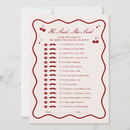 Cherry Bridal Shower He Said She Said Game Card 招待状 (正面)