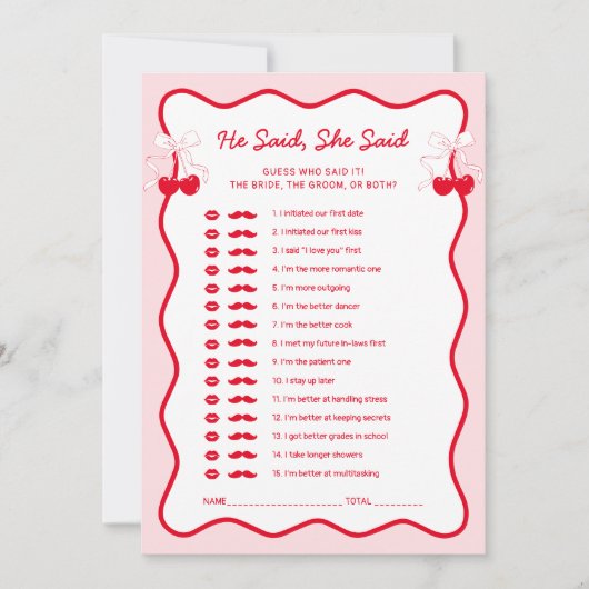 Cherry Bridal Shower He Said She Said Game Card 招待状 (正面)