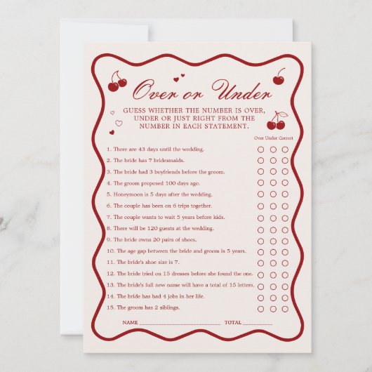 Cherry Bridal Shower Over or Under Game Card 招待状 (正面)