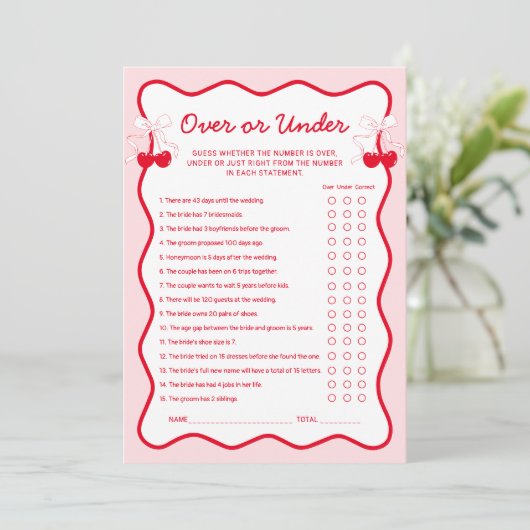 Cherry Bridal Shower Over or Under Game Card 招待状 (スタンド正面)