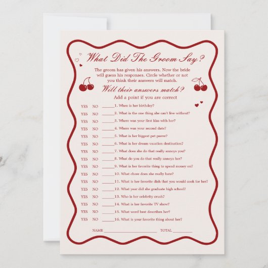 Cherry Bridal Shower What Did He Say Game Card 招待状 (正面)