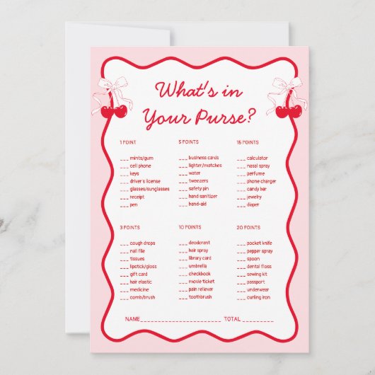 Cherry Bridal Shower What's in Your Purse Game 招待状 (正面)