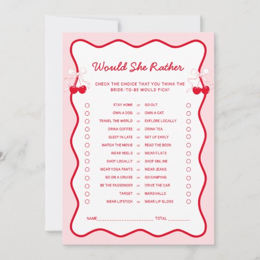 Cherry Bridal Shower Would She Rather Game Card 招待状 (正面)