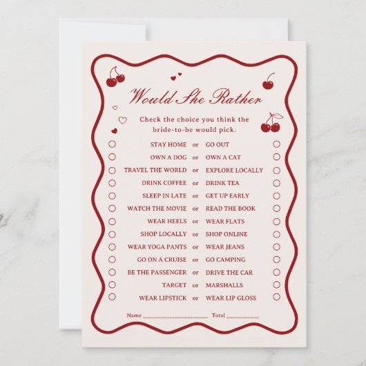 Cherry Bridal Shower Would She Rather Game Card 招待状 (正面)