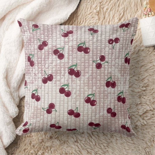 Cherry Crochet Throw Pillow Cover – Pastel Pink クッション (ブランケット)
