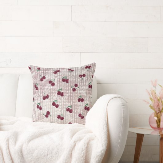 Cherry Crochet Throw Pillow Cover – Pastel Pink  クッション (ソファ)