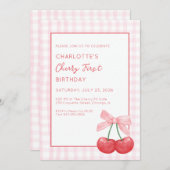 Cherry First Birthday Pink Gingham Girls One Year 招待状 (正面/裏面)