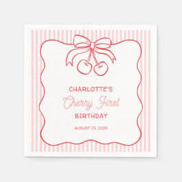 "Cherry First" Birthday Pink Stripe Bow Girly スタンダードカクテルナプキン