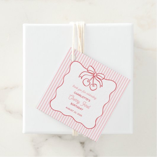 "Cherry First" Birthday Pink Stripe Bow Thank You フェイバータグ (インサイチュ)