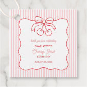 "Cherry First" Birthday Pink Stripe Bow Thank You フェイバータグ (正面)