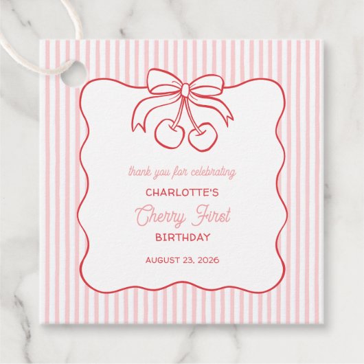 "Cherry First" Birthday Pink Stripe Bow Thank You フェイバータグ (正面)