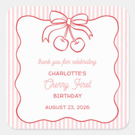 "Cherry First" Birthday Pink Thank You Favor スクエアシール