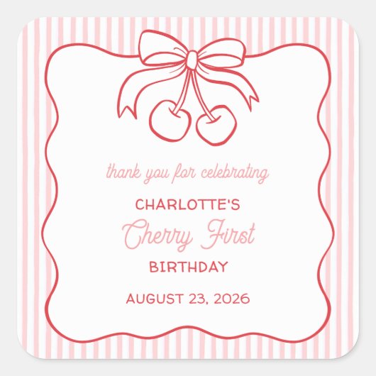 "Cherry First" Birthday Pink Thank You Favor スクエアシール (正面)