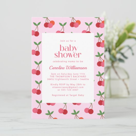 Cherry Fruit Red Pink Cute Summer Baby Shower 招待状 (スタンド正面)