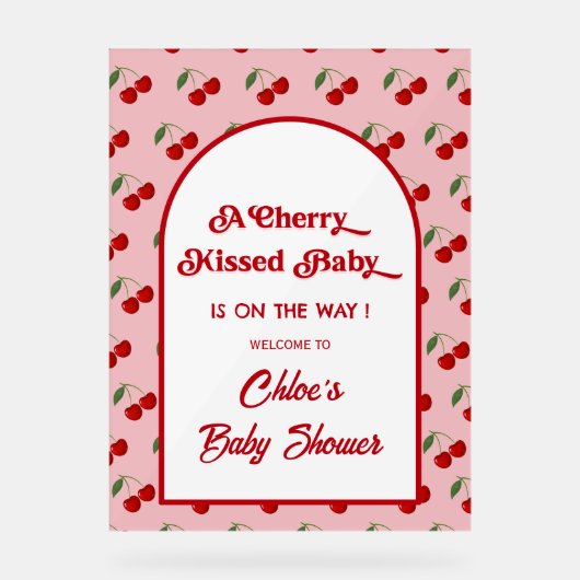 Cherry Kissed Baby Shower Welcome アクリルサイン (正面)