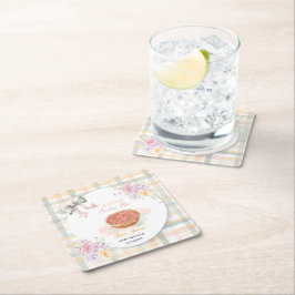 Cherry Little Cutie Pie Pastel Gingham Baby Shower スクエアペーパーコースター