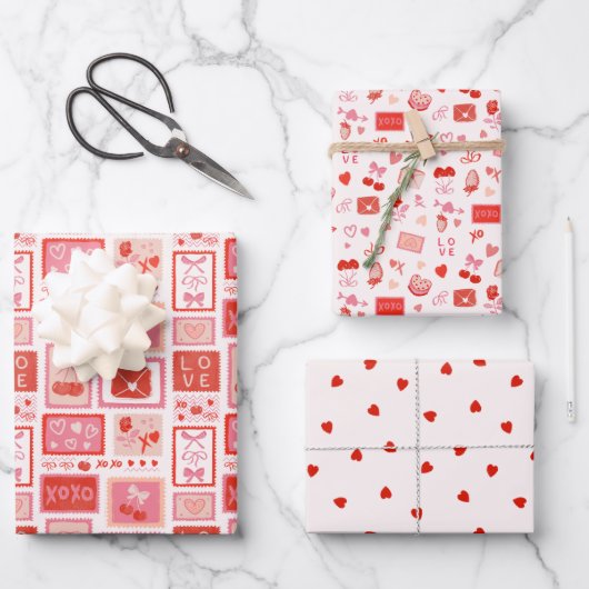 Cherry Love Letters Valentines Hearts Bows ラッピングペーパーシート (正面)