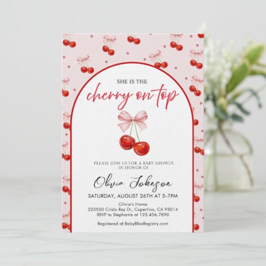 Cherry on Top Baby Shower, Cherry with Pink Bow 招待状 (スタンド正面)