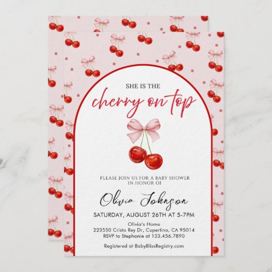 Cherry on Top Baby Shower, Cherry with Pink Bow 招待状 (正面/裏面)