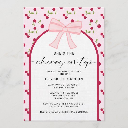 Cherry On Top Baby Shower Coquette Bow 招待状 (正面)