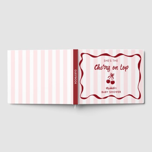 Cherry on Top Baby Shower Custom Pink Stripes Cute ゲストブック (全面)