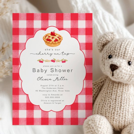 Cherry on Top Baby Shower Gingham Invite 招待状