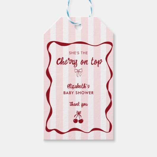 Cherry on Top Baby Shower Pink Stripes Bow ギフトタグ (正面)