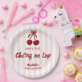 Cherry on Top Baby Shower Pink Stripes Coquette ペーパープレート (パーティー)
