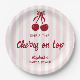 Cherry on Top Baby Shower Pink Stripes Coquette ペーパープレート