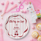 Cherry on Top Baby Shower Pink Stripes Coquette ペーパープレート (パーティー)