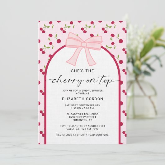 Cherry On Top Bridal Shower Coquette Bow 招待状 (スタンド正面)