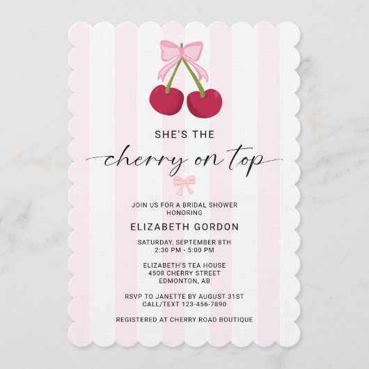 Cherry On Top Bridal Shower Coquette Bow Stripes 招待状 (正面)