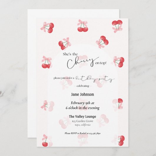 Cherry On Top Cherries & Bows Birthday Invitation 招待状 (正面/裏面)