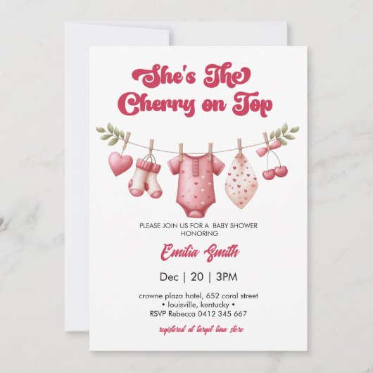 Cherry on Top clothesline Baby Shower 招待状 (正面)