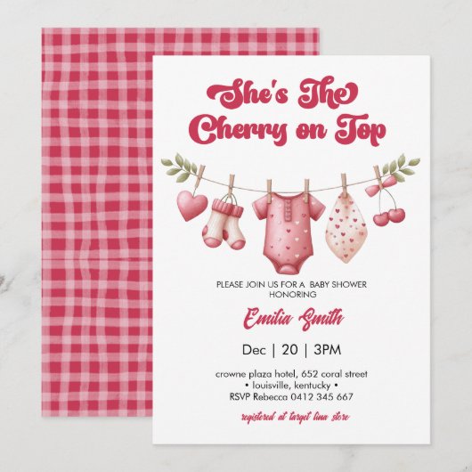 Cherry on Top clothesline Baby Shower 招待状 (正面/裏面)