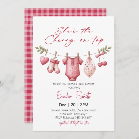 Cherry on Top clothesline  Baby Shower 招待状 (正面/裏面)