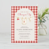 Cherry on Top Clothesline Gingham Baby Shower 招待状 (スタンド正面)