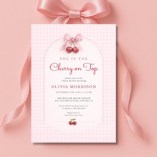 Cherry on Top Coquette Bow Gingham Baby Shower 招待状