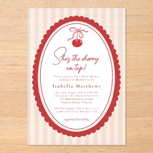 Cherry on Top Coquette Bow Pink Baby Shower  アクリル招待状 (正面)
