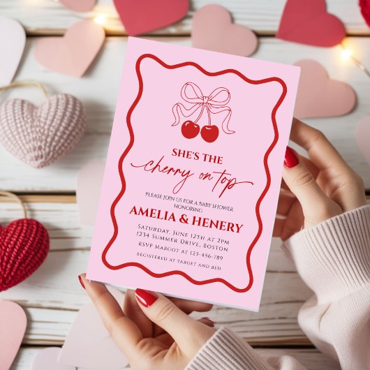 Cherry on Top doodle Bow Girl Baby Shower 招待状